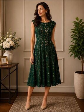 Julian Taylor Deep Emerald Lace Fit-and-Flare Midi Dress